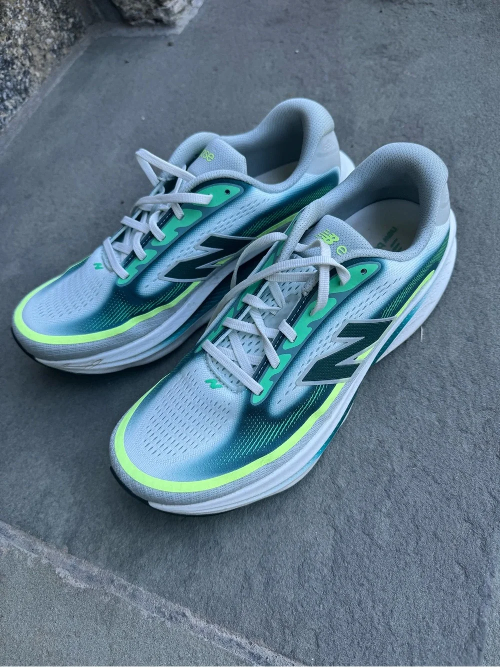New Balance Grey Teal Running Shoe with Neon Yellow Accent